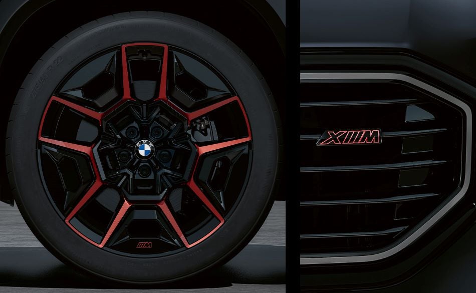 Detailed images of exclusive 22” M Wheels with red accents and XM badging on Illuminated Kidney Grille. in Leith BMW | Raleigh NC